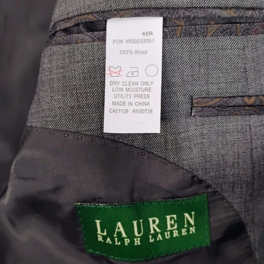 Lauren Ralph Lauren Mens 46R Suit Jacket Charcoal Gray 100% Wool Blazer 2 Button